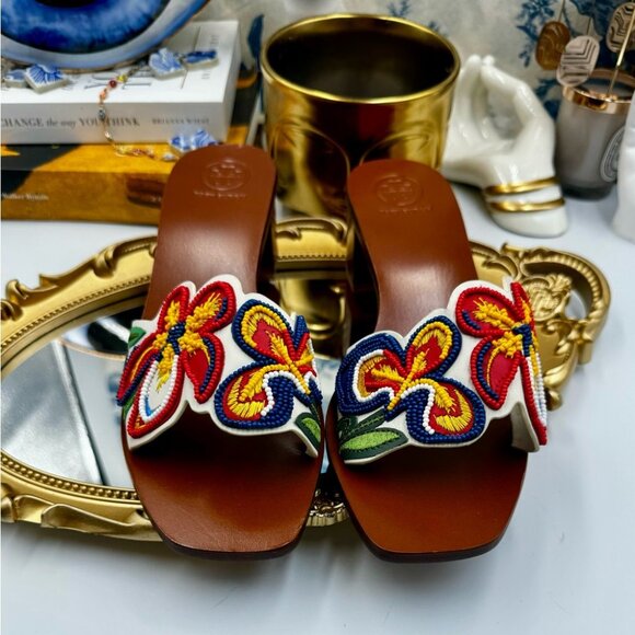 🆕 TORY BURCH 🧿 NWOT Bianca Floral Bead Embellished Slide Sandal - Ivory Multi - Picture 3 of 16